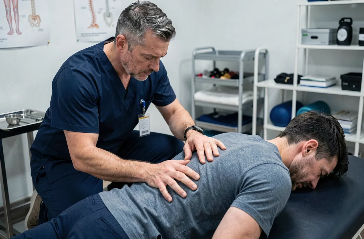 Kinésithérapeute examinant la zone lombaire gauche d'un patient allongé sur une table de soins dans un cabinet de physiothérapie