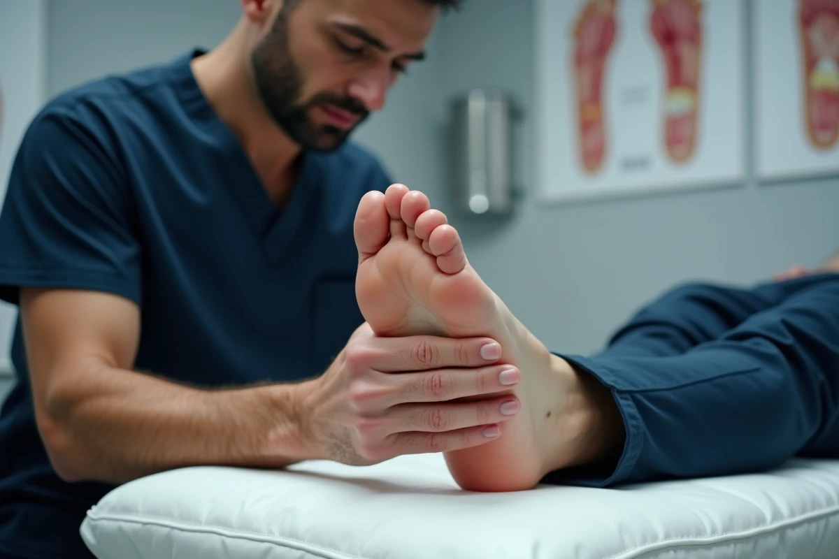 Kinésithérapeute examinant le talon d'un patient pour diagnostiquer une épine de Lenoir