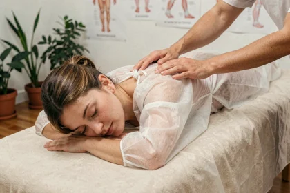 Séance de kinésithérapie et bien-être dans un cabinet professionnel, femme en soin de dos sur table de massage