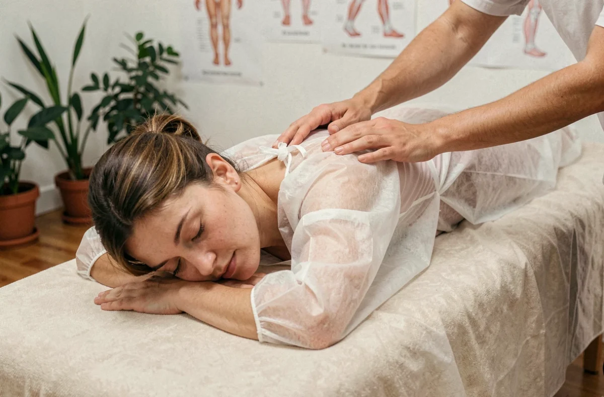 Séance de kinésithérapie et bien-être dans un cabinet professionnel, femme en soin de dos sur table de massage
