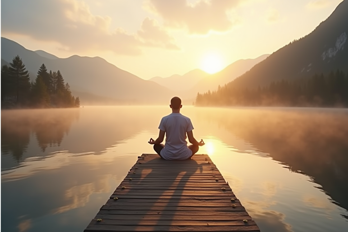 Scène de méditation au bord du lac au lever du soleil avec brume