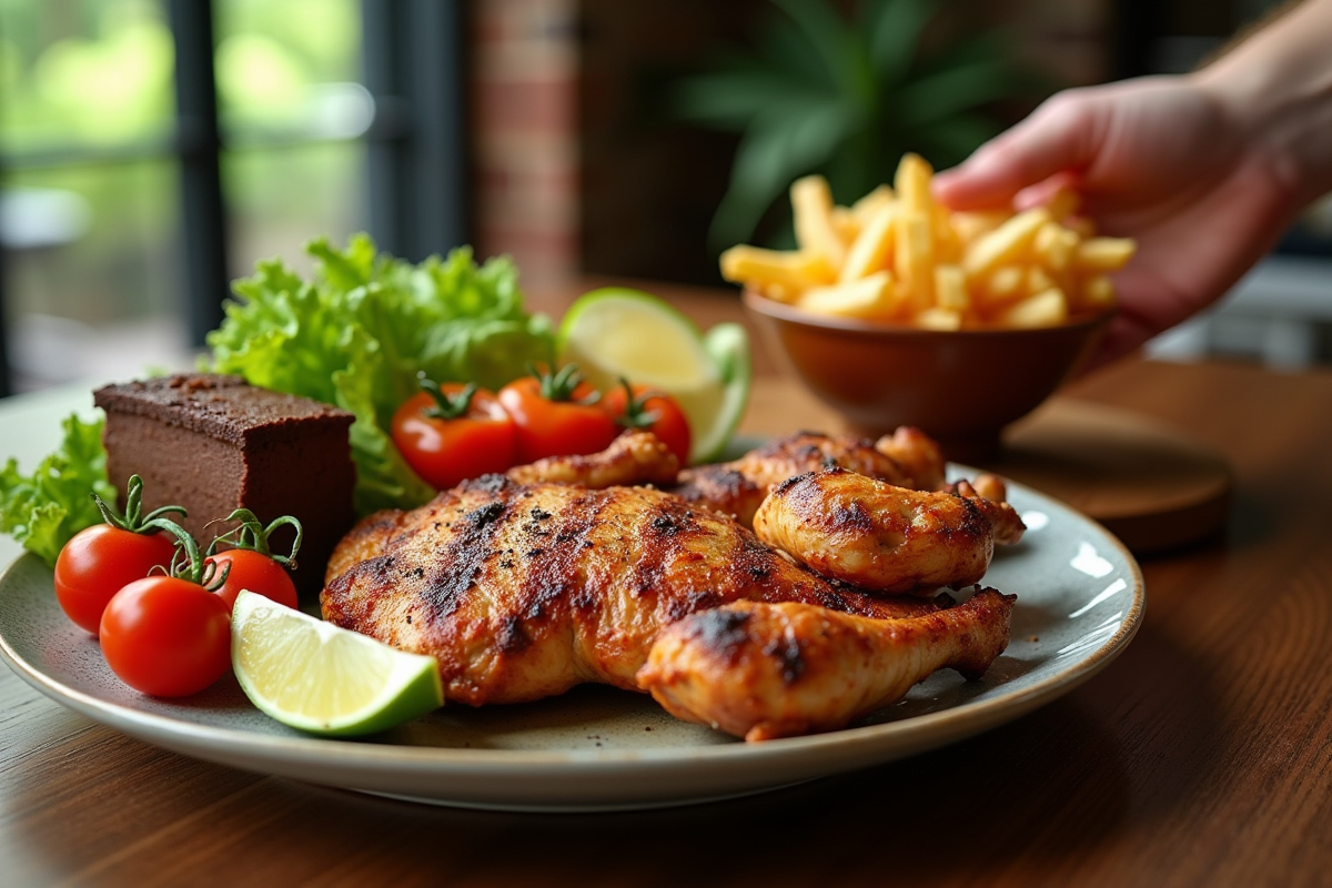 Légumes frais et poulet grillé sur une table en bois