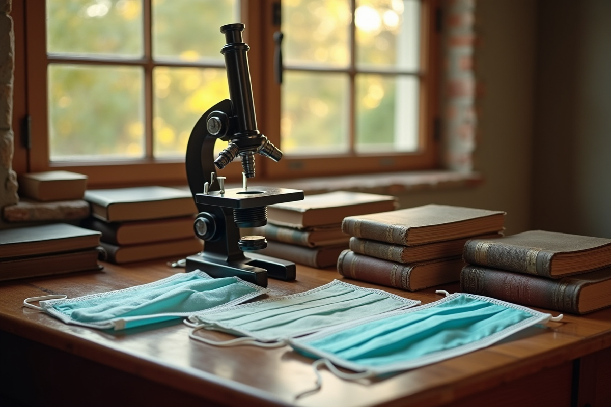 Livres médicaux anciens avec microscope et masques sur une table en bois