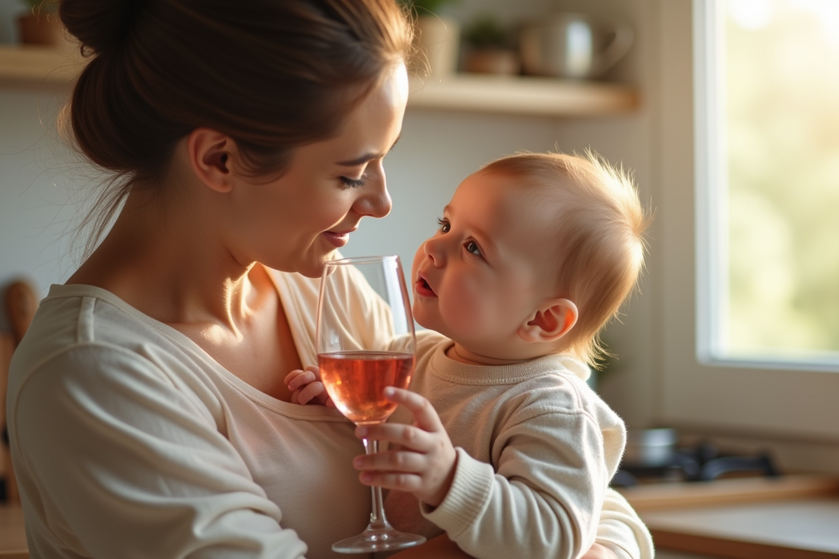 Maman tenant un verre de glof en cuisine avec bébé intrigué