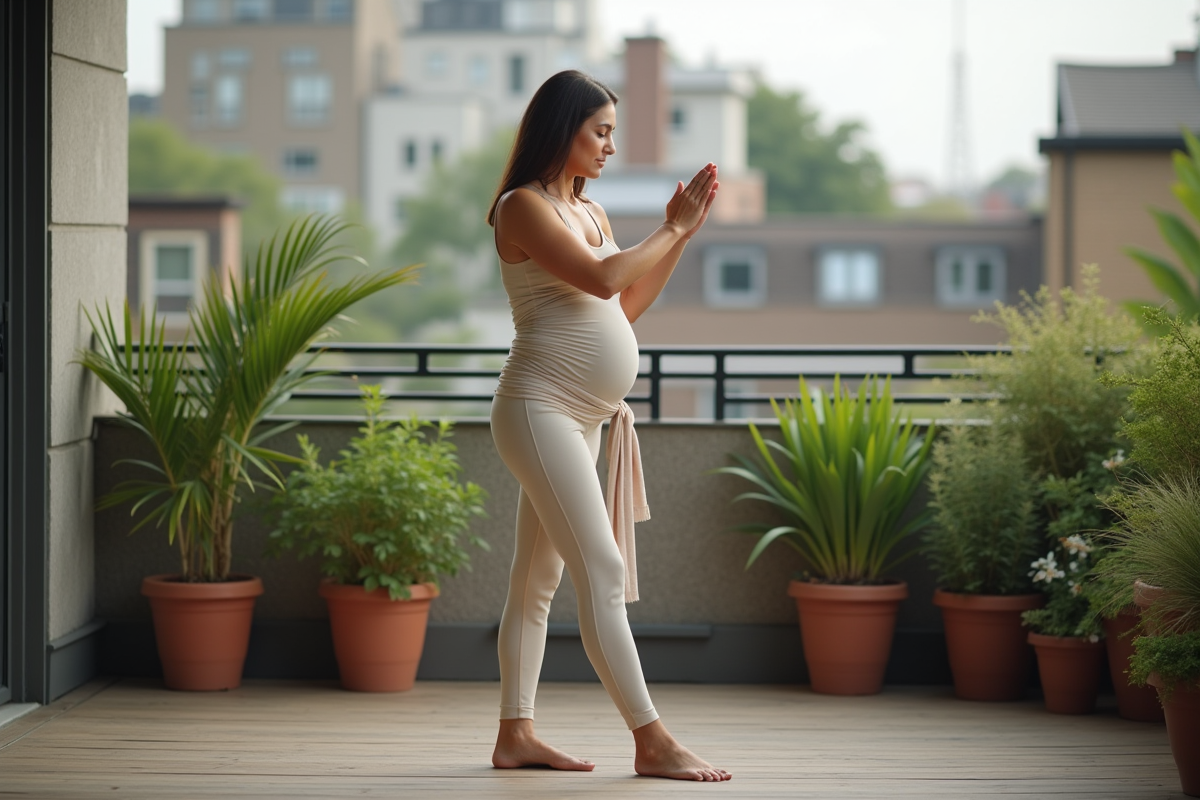 Maman postpartum faisant des étirements en extérieur sur un balcon