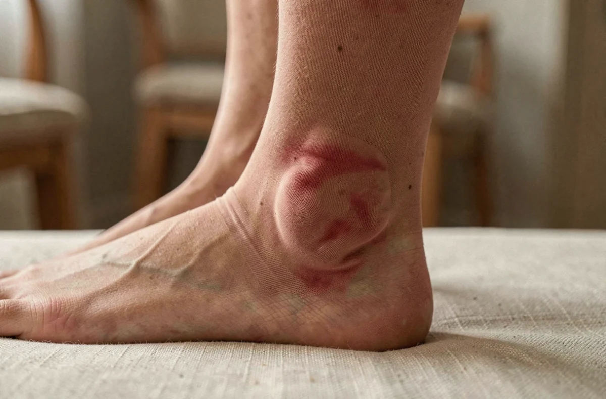 Gros plan sur une jambe avec marques de compression et rougeurs dues à un bas de contention mal ajusté