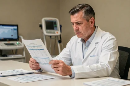 Médecin analysant des résultats d'analyse de bilirubine directe dans un cabinet médical moderne