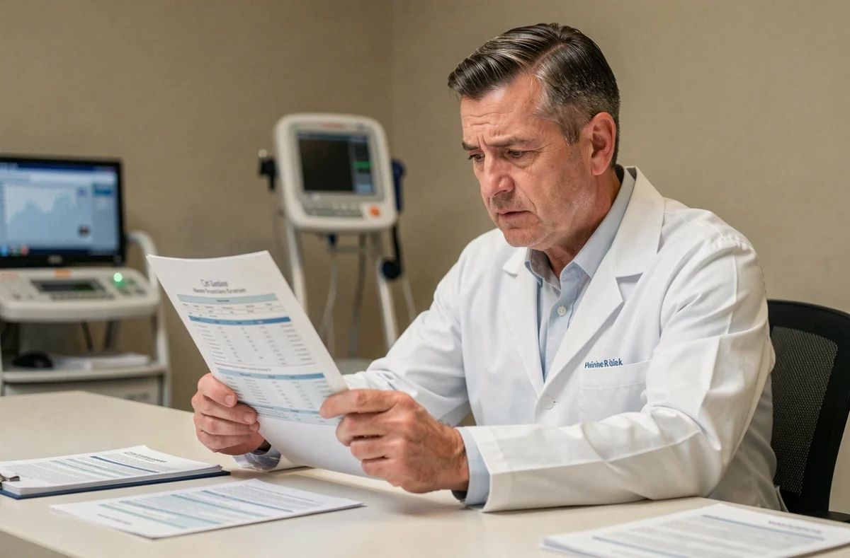 Médecin analysant des résultats d'analyse de bilirubine directe dans un cabinet médical moderne