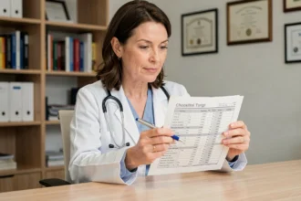 Médecin expliquant les résultats d'analyse de cholestérol HDL et LDL à partir d'un bilan sanguin imprimé