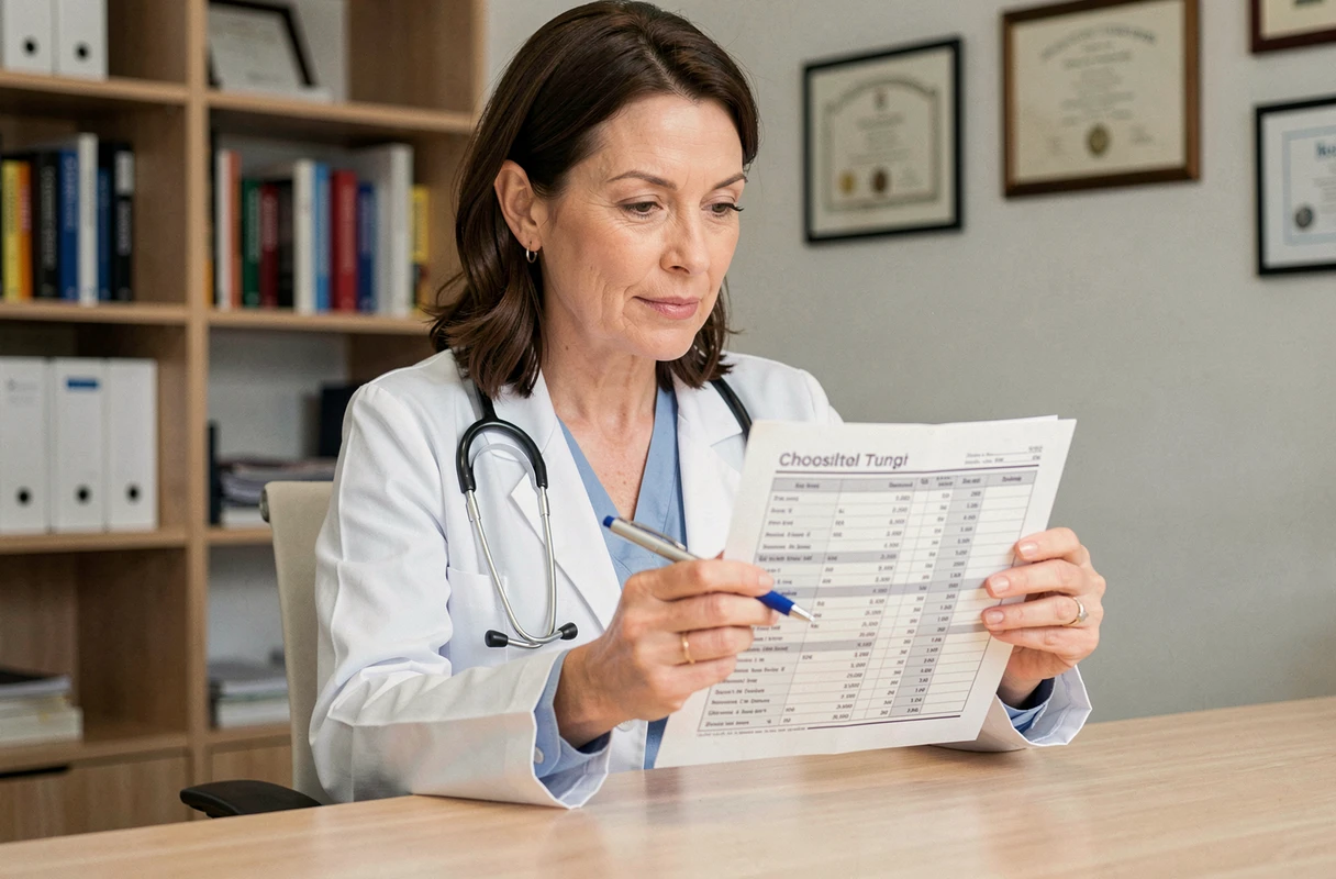 Médecin expliquant les résultats d'analyse de cholestérol HDL et LDL à partir d'un bilan sanguin imprimé