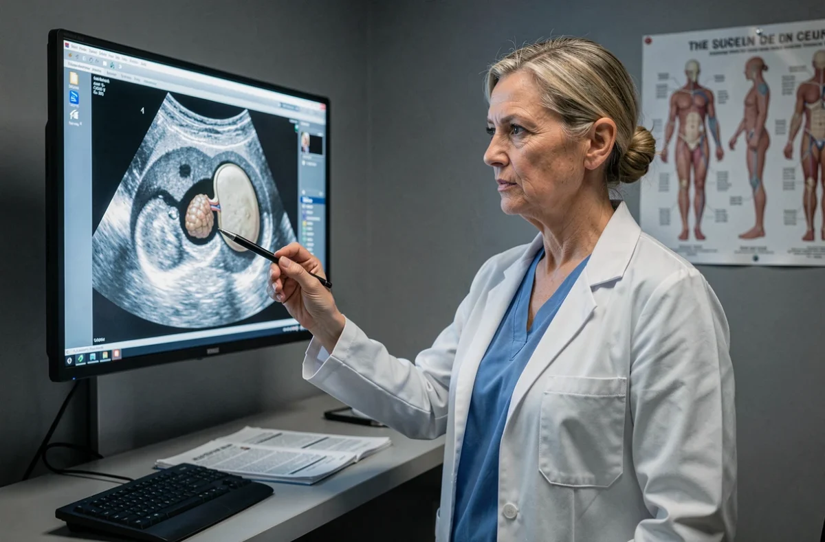 Médecin gastro-entérologue analysant une échographie abdominale de la vésicule biliaire