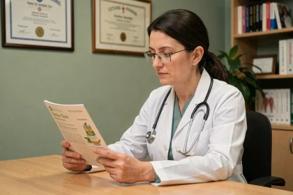 Médecin femme en blouse blanche consultant une brochure sur les cures détox à base de plantes, signaux d'alerte médicaux Lulutox