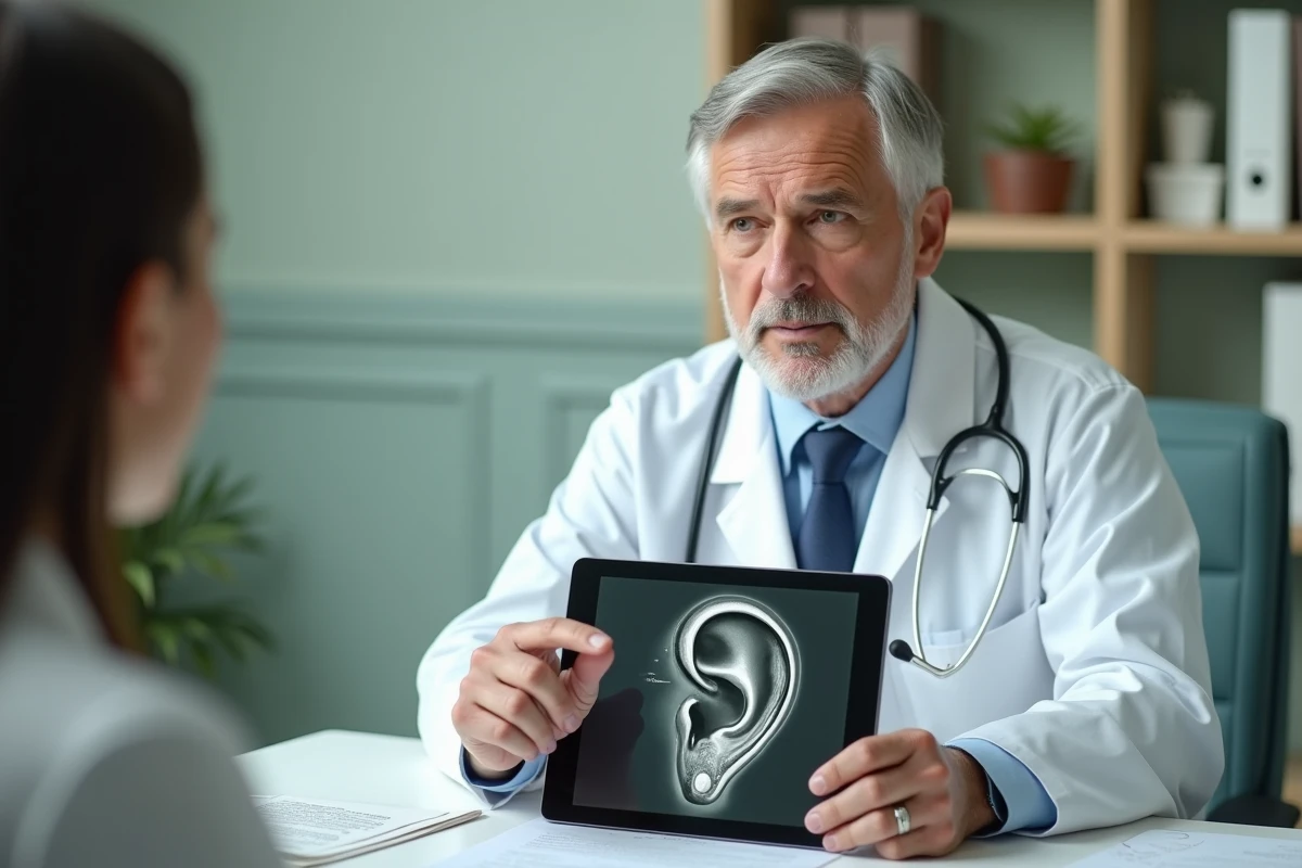 Médecin en consultation expliquant les causes médicales d'un sifflement dans l'oreille gauche à l'aide d'un schéma