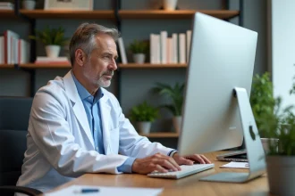 Médecin en blouse blanche dans un bureau médical moderne
