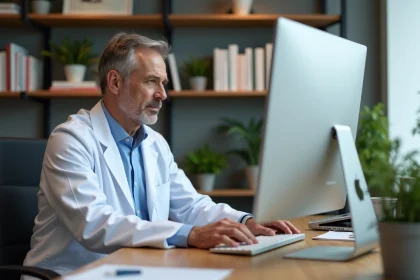 M&eacute;decin en blouse blanche dans un bureau m&eacute;dical moderne