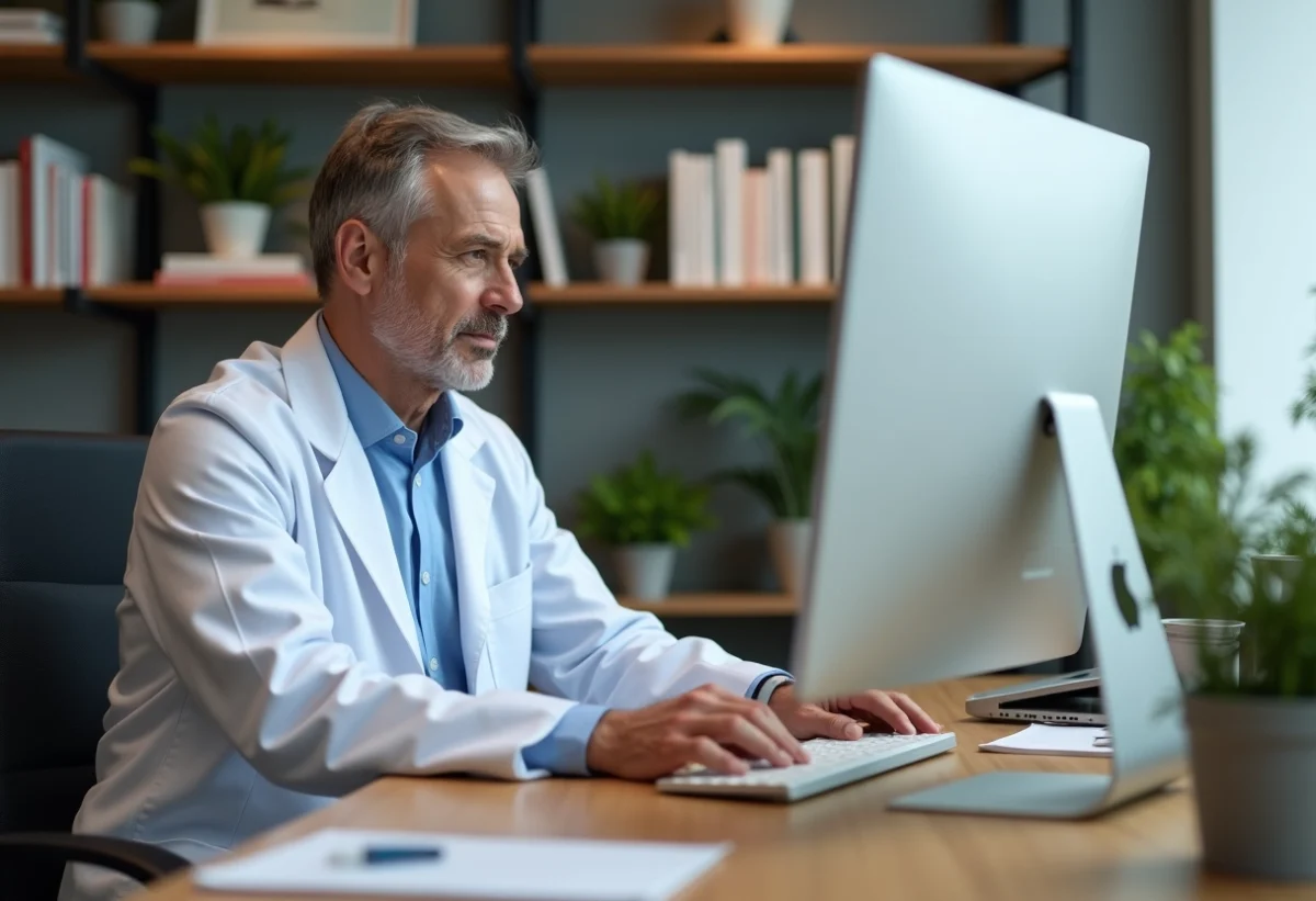 Médecin en blouse blanche dans un bureau médical moderne