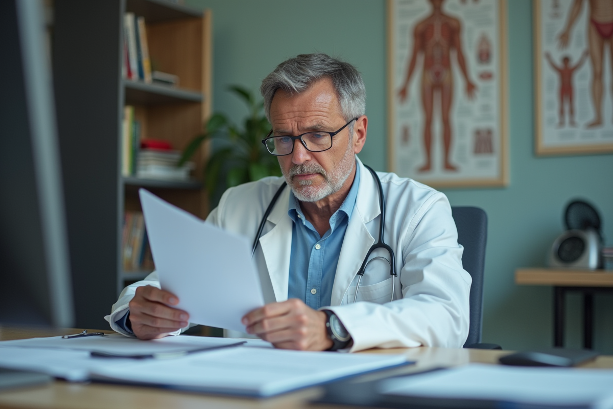 Médecin homme en blouse blanche dans son bureau de consultation