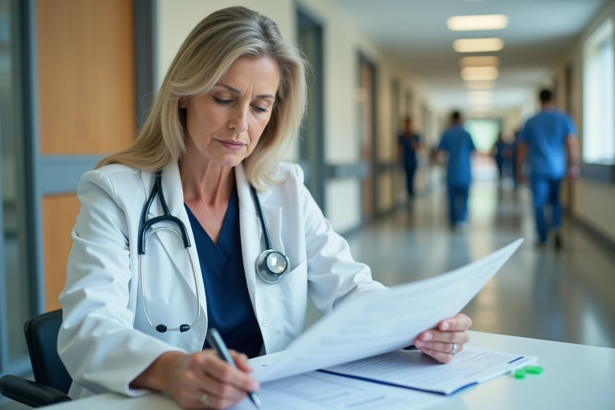 Medecin femme analysant des dossiers m&eacute;dicaux dans un couloir