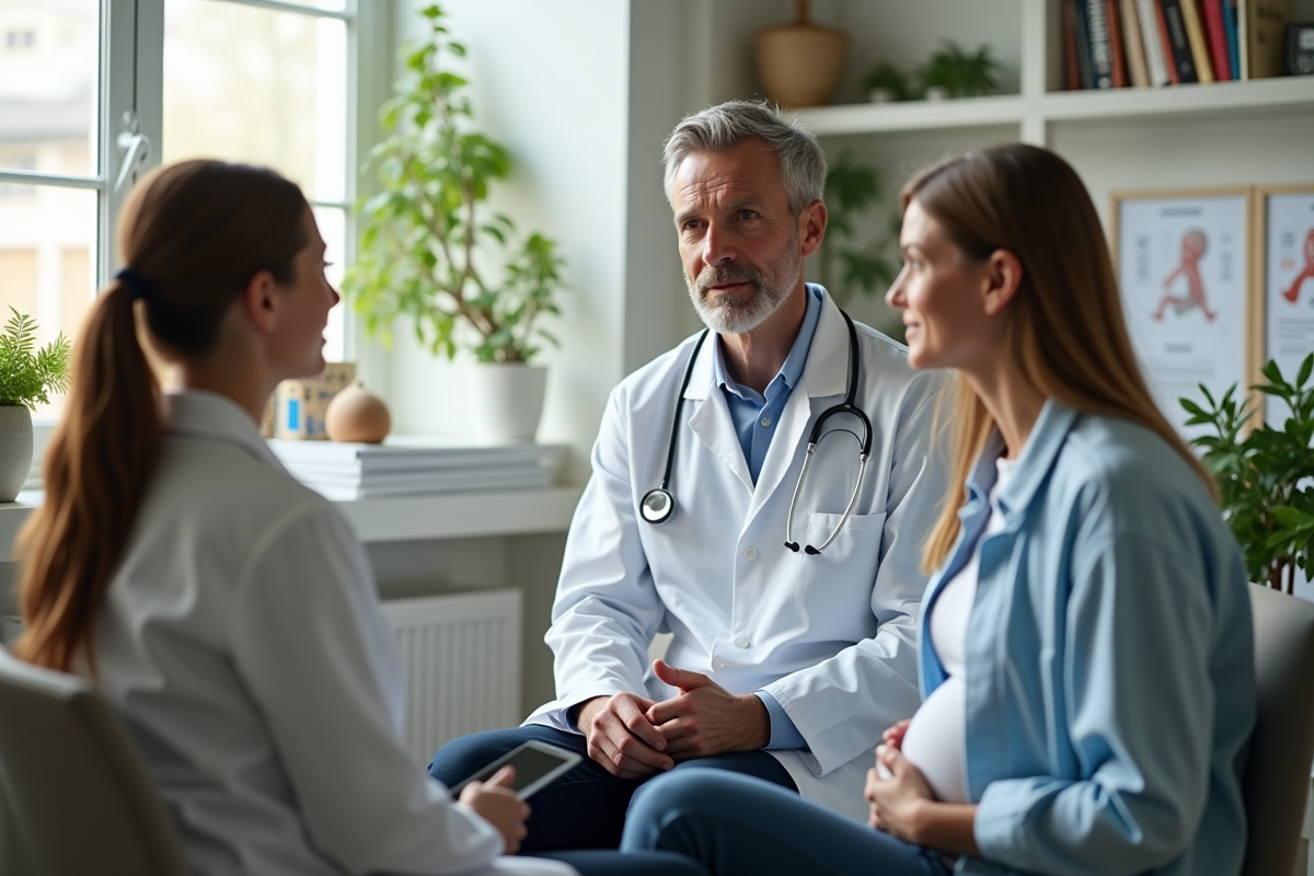 Medecin expliquant le taux d hcg à un couple dans un cabinet médical