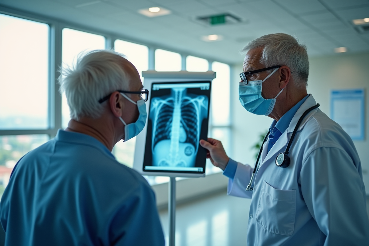 Docteur expliquant des rayons X pulmonaires à un patient âgé