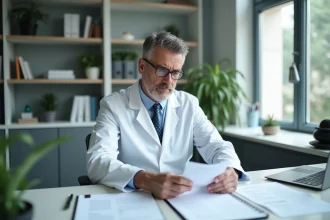 Médecin généraliste en blouse blanche concentré à son bureau