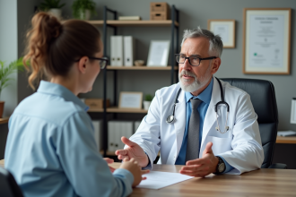 Médecin généraliste expliquant à une patiente dans son cabinet
