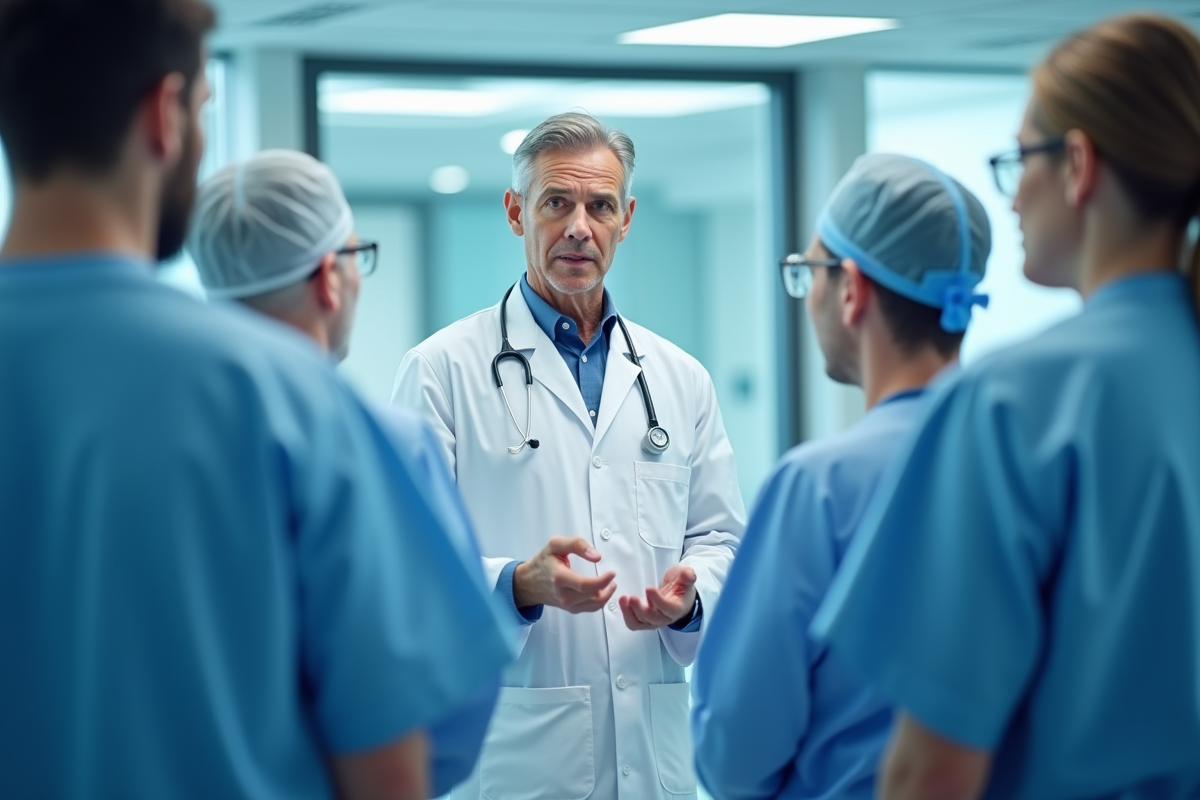 Medecin en hospital moderne expliquant une innovation