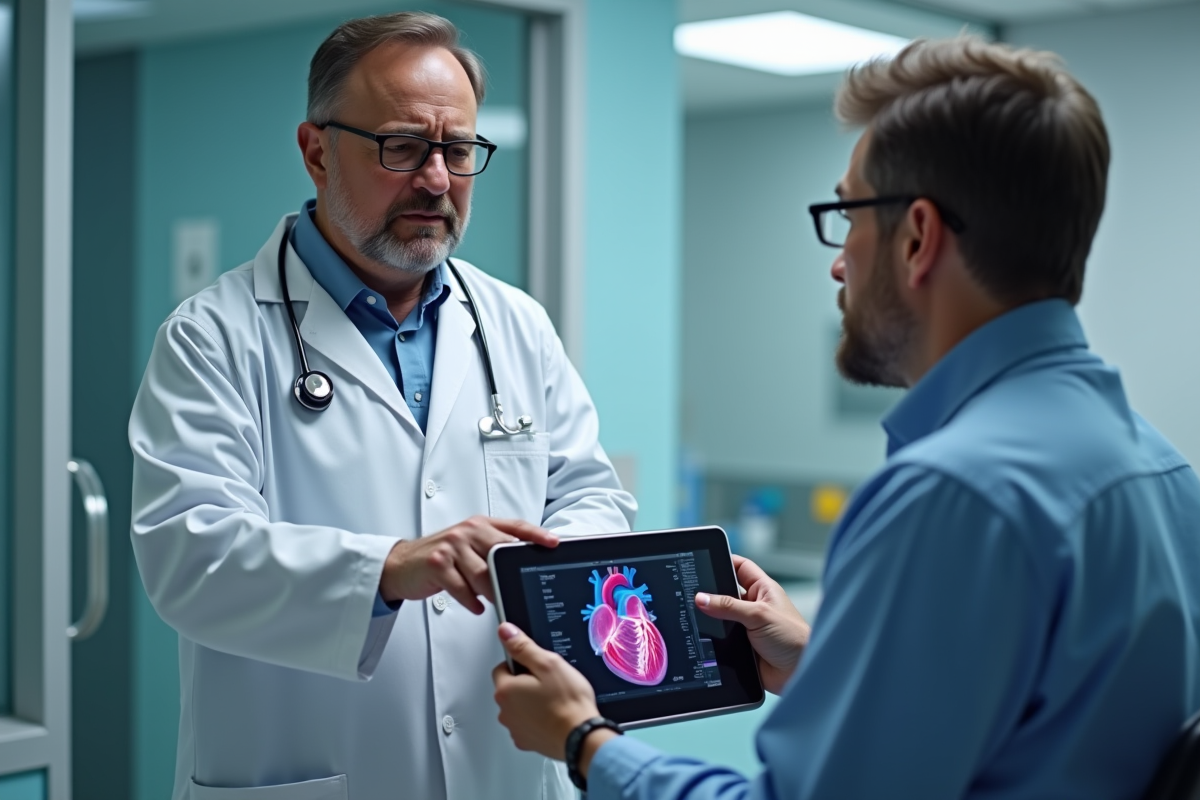 Medecin montrant un scan cardiaque digital au patient dans un cabinet moderne