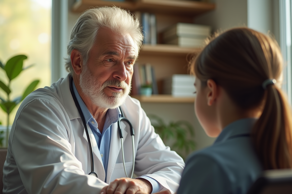 Medecin agee ecoute patient dans une clinique chaleureuse
