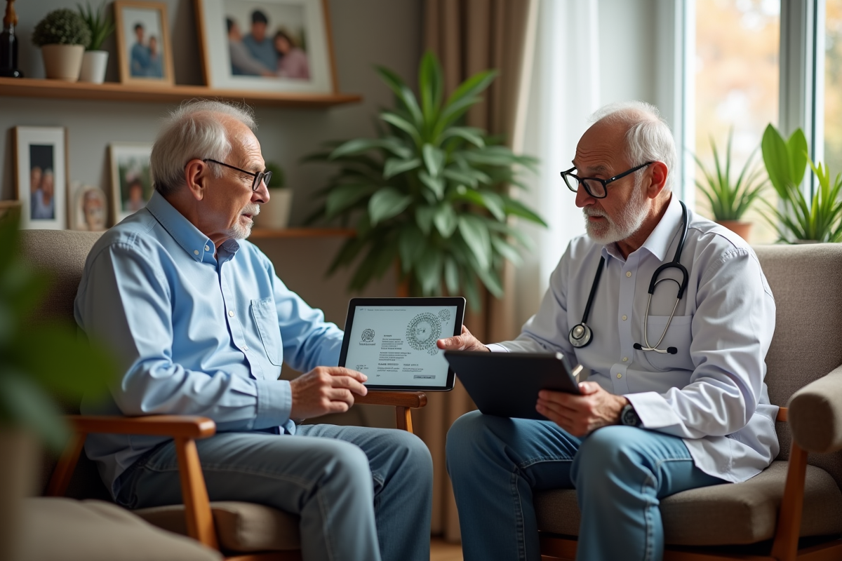 Medecin montrant une tablette a un patient age dans un salon