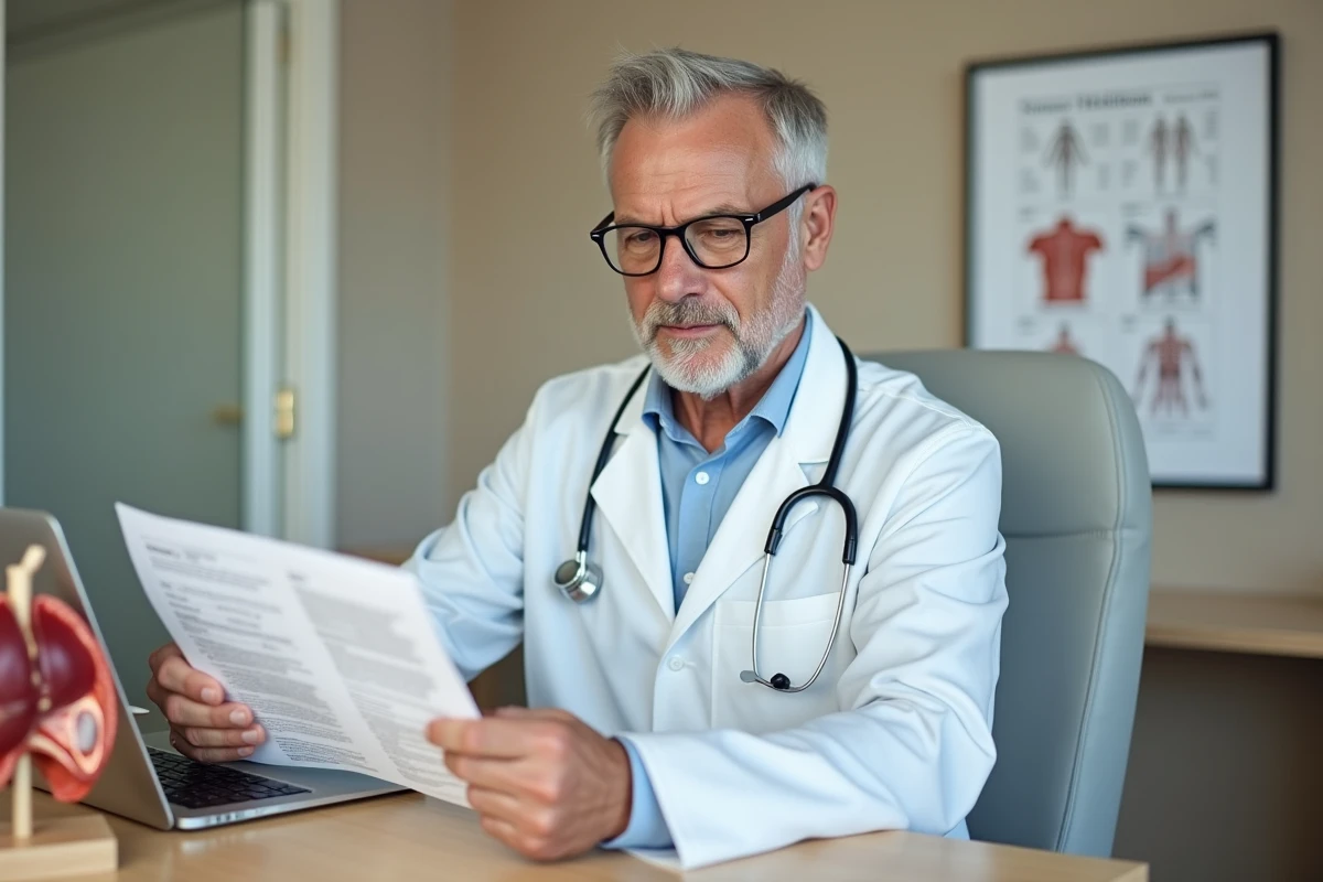 Médecin examinant un rapport médical sur la santé du foie, modèle anatomique du foie visible sur le bureau de consultation