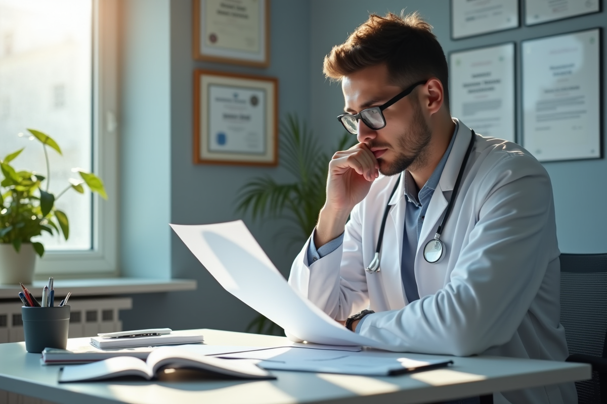 Médecin réfléchi dans un bureau moderne avec dossiers