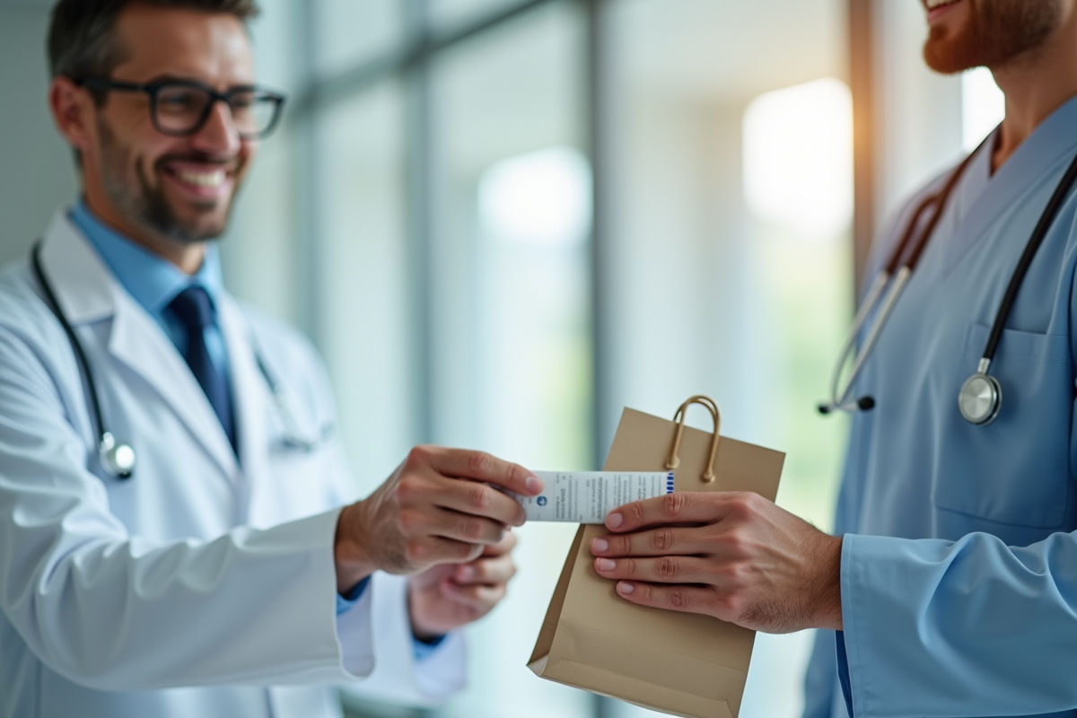 Docteur remettant une ordonnance à un patient souriant dans un cabinet moderne