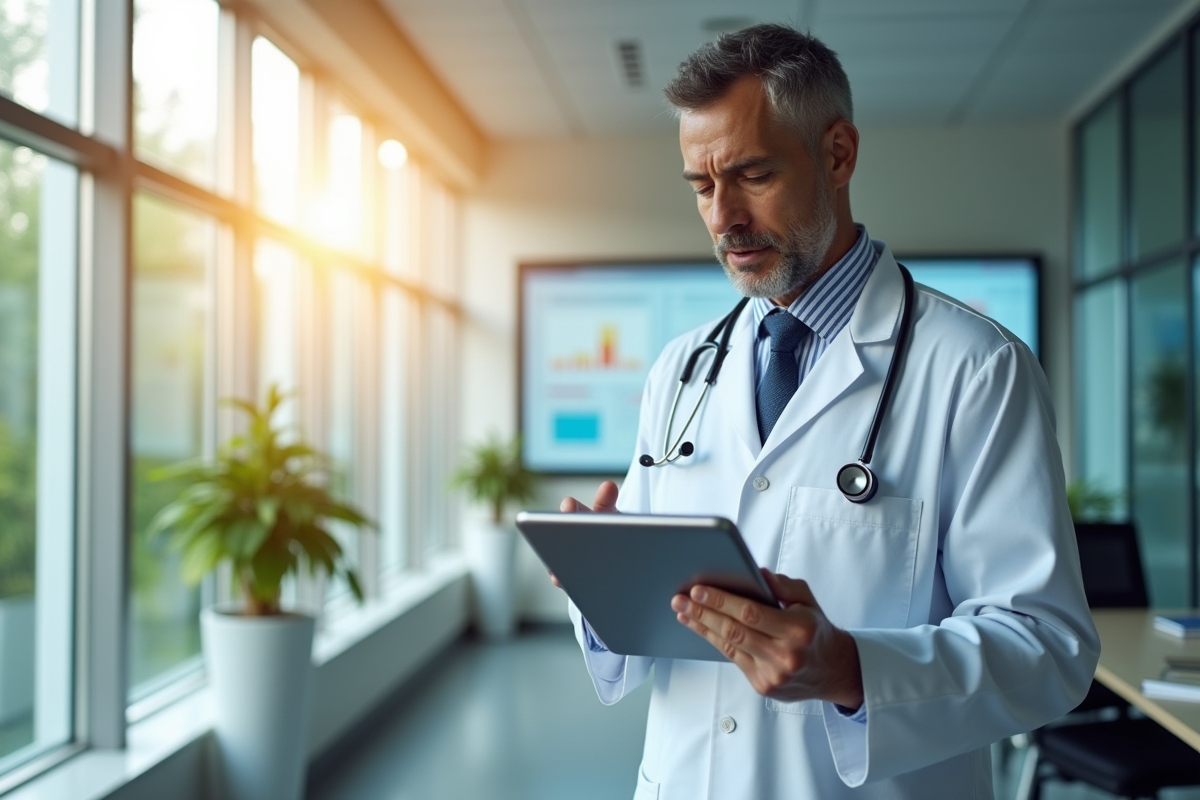Médecin analysant des données médicales sur une tablette dans un bureau moderne
