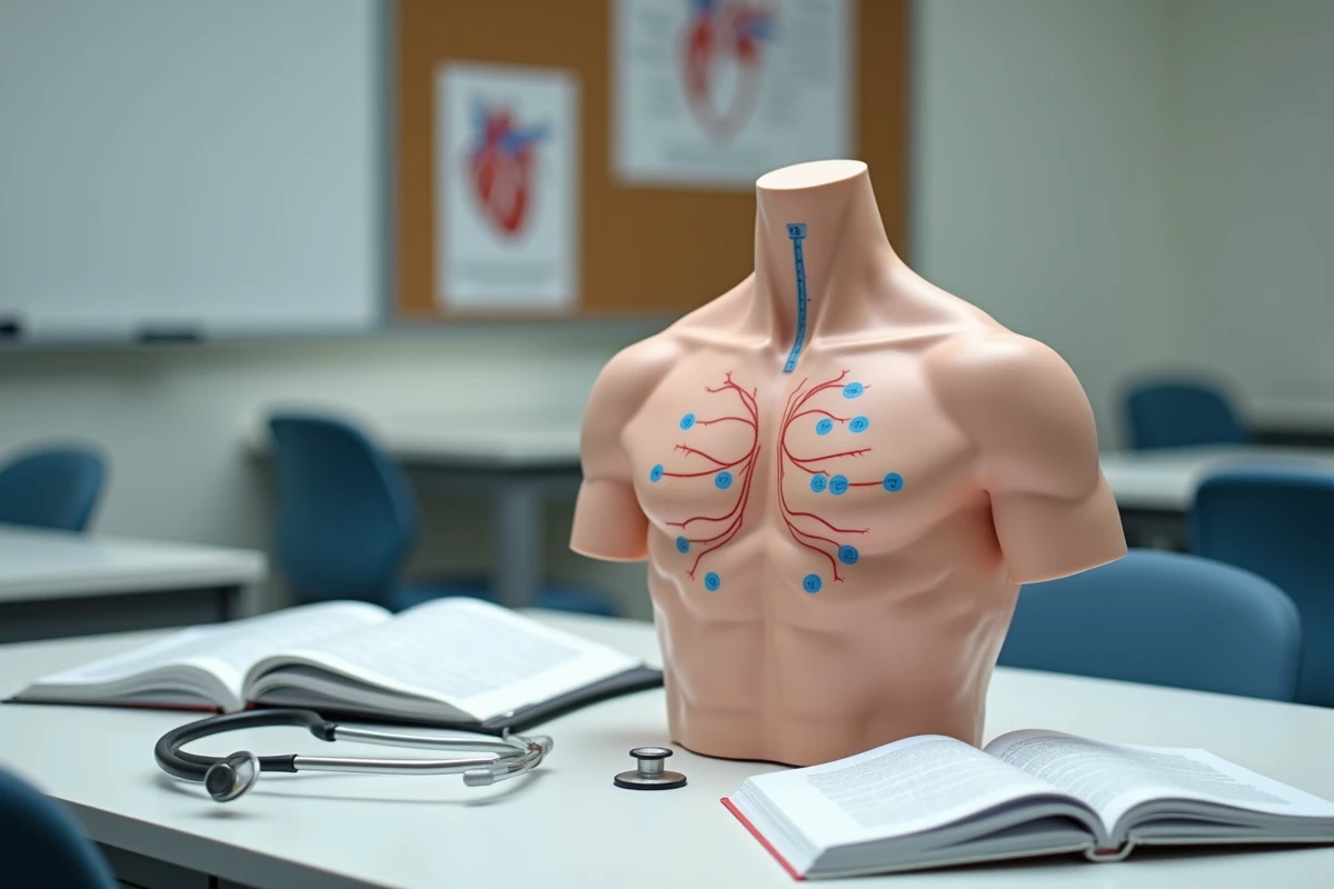 Modèle anatomique du thorax avec zones d'auscultation cardiaque annotées sur un bureau médical entouré de manuels de cardiologie