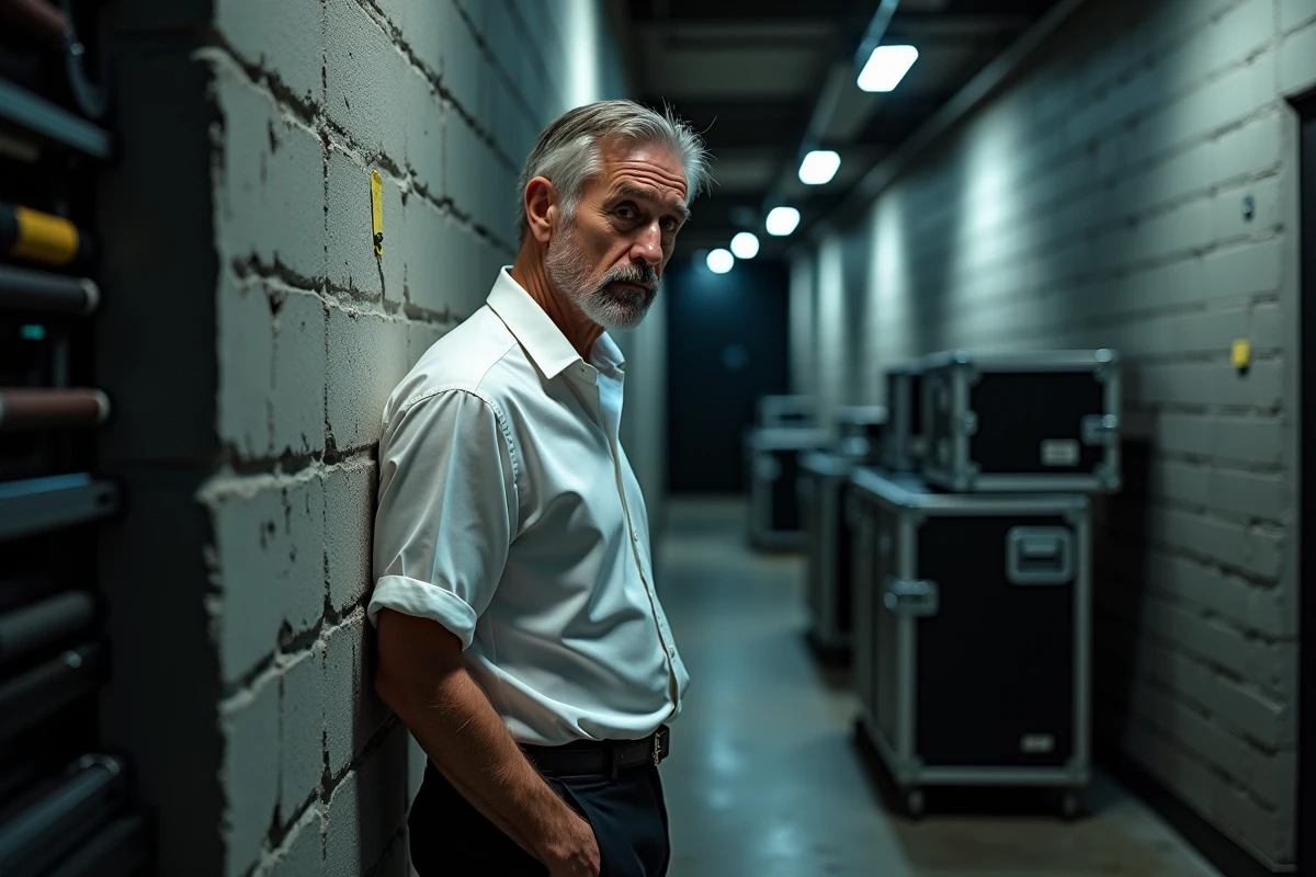 Musicien en coulisses d'une salle de concert, montrant la détermination d'un artiste face aux défis d'une maladie auto-immune