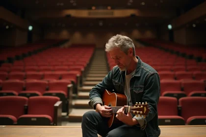 Musicien sur scène vide tenant une guitare acoustique, illustrant l'impact d'une maladie auto-immune sur les tournées musicales