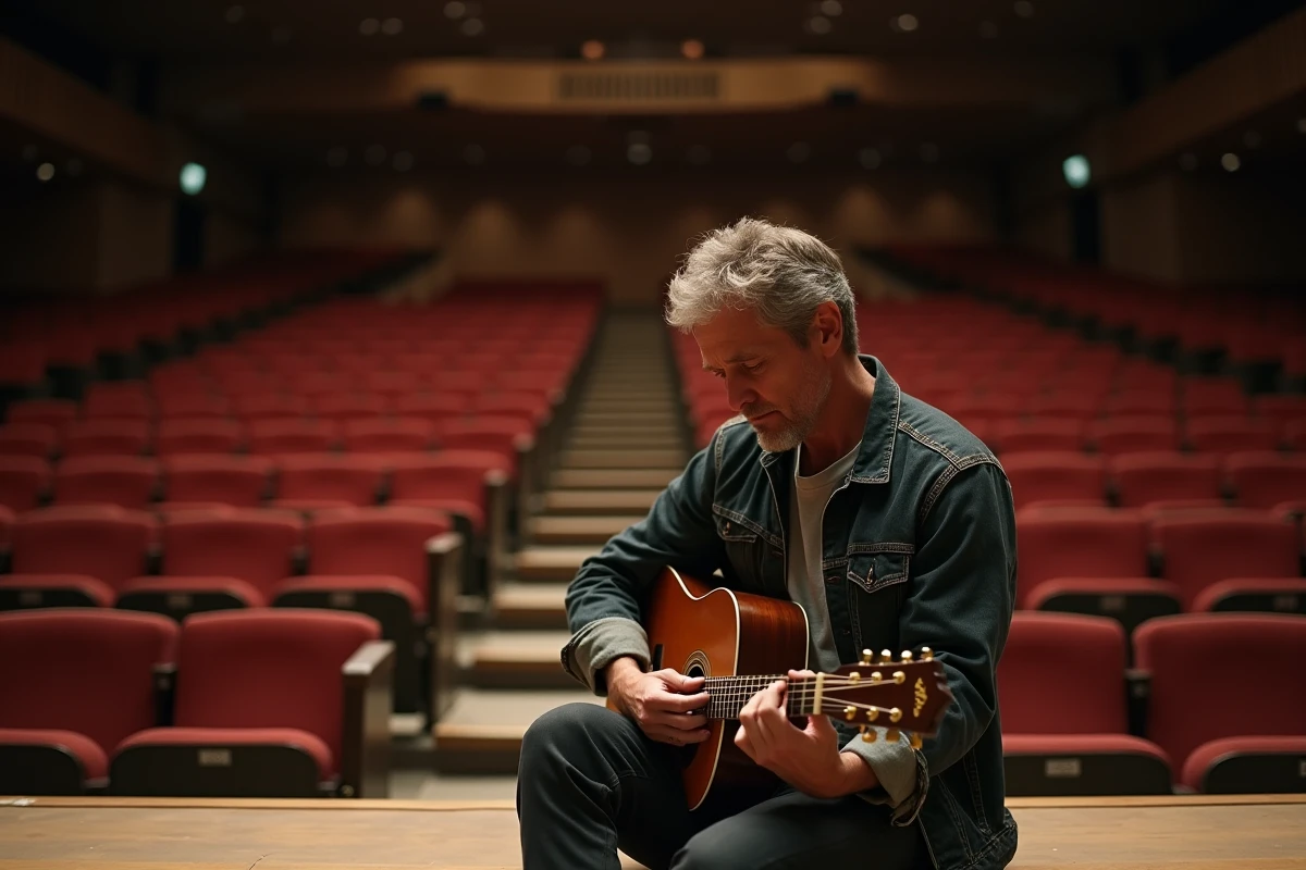 Musicien sur scène vide tenant une guitare acoustique, illustrant l'impact d'une maladie auto-immune sur les tournées musicales