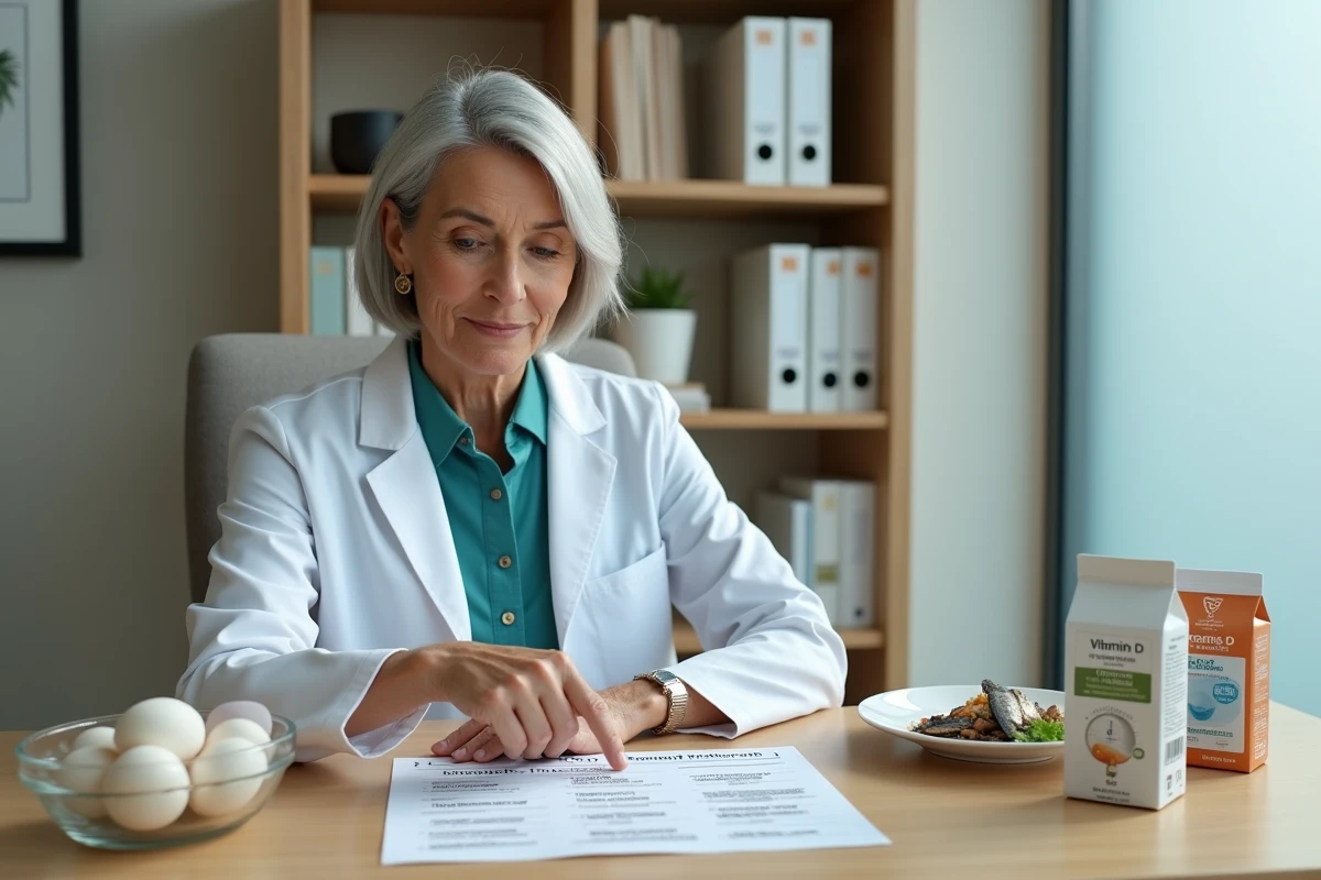 Nutritionniste expliquant les sources alimentaires de vitamine D avec des aliments et un tableau nutritionnel sur son bureau