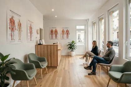 Salle d'attente d'un cabinet d'ostéopathie moderne en Nouvelle-Aquitaine avec un accueil chaleureux