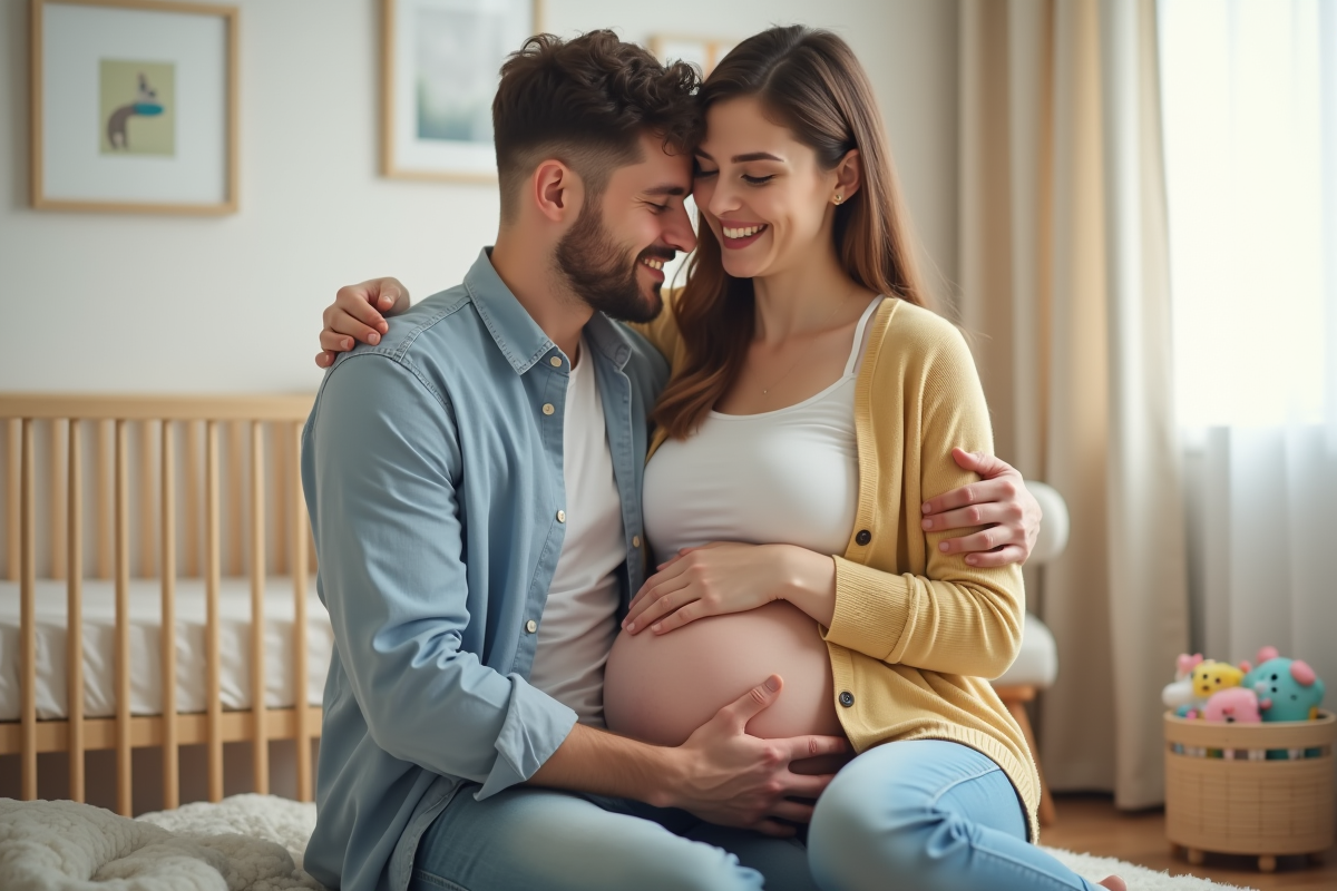 Pere souriant caressant le ventre de sa partenaire