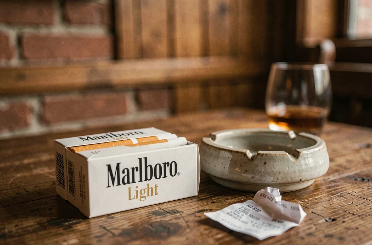 Paquet de cigarettes Marlboro Light posé sur une table en bois dans un bar vintage avec cendrier
