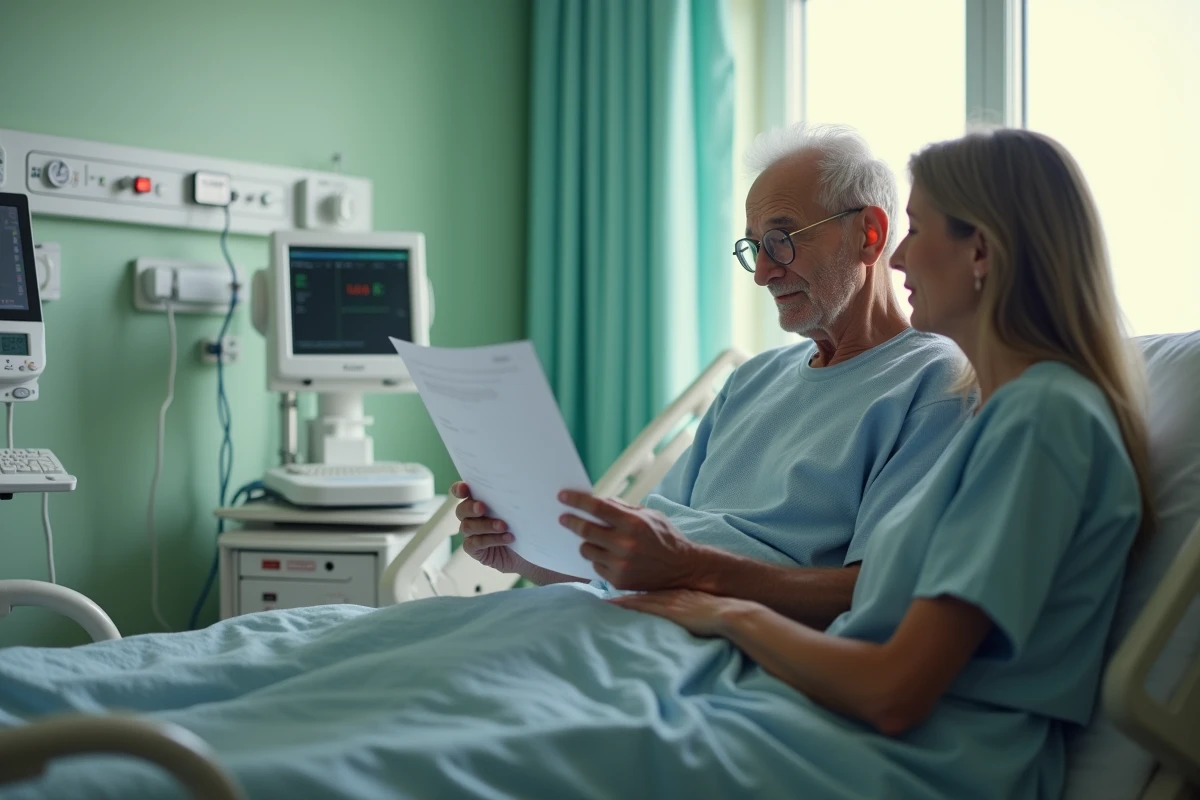 Patient âgé en convalescence après pose de stent lisant des documents médicaux avec un proche en chambre d'hôpital