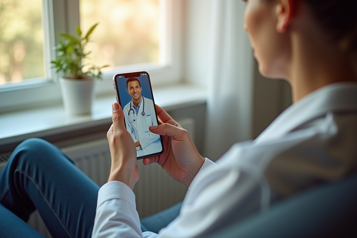 Patient utilisant une application de messagerie médicale sur smartphone à la maison