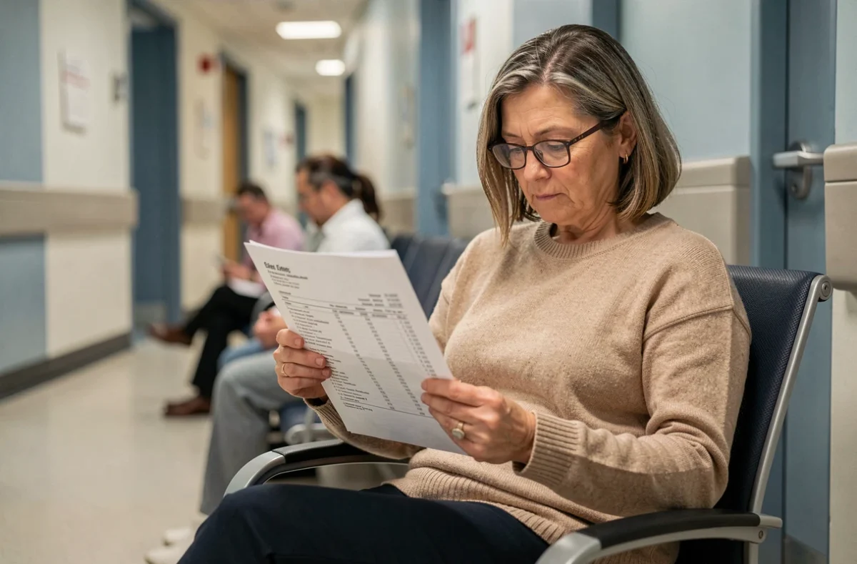 Patiente lisant ses résultats d'analyse de bilirubine dans une salle d'attente hospitalière