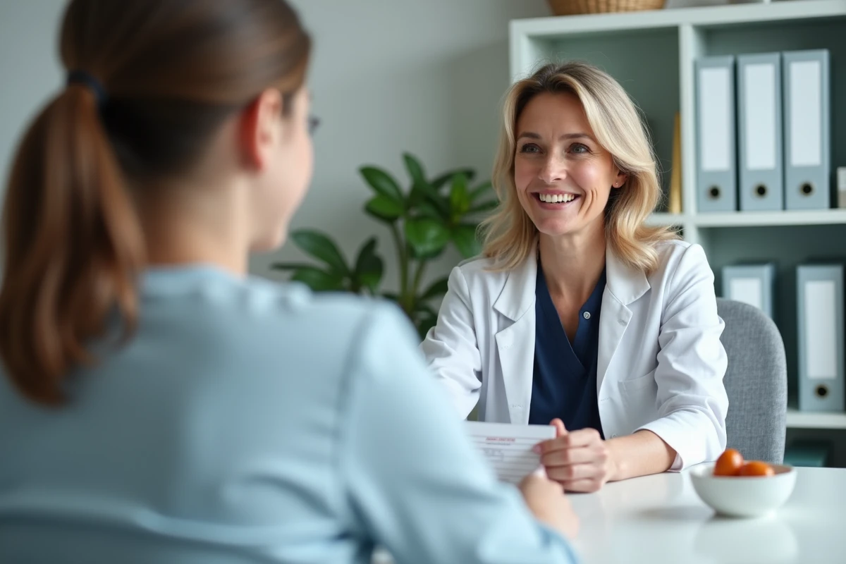 Pédiatre expliquant les doses et précautions de la compote contre la constipation chez le nourrisson lors d'une consultation