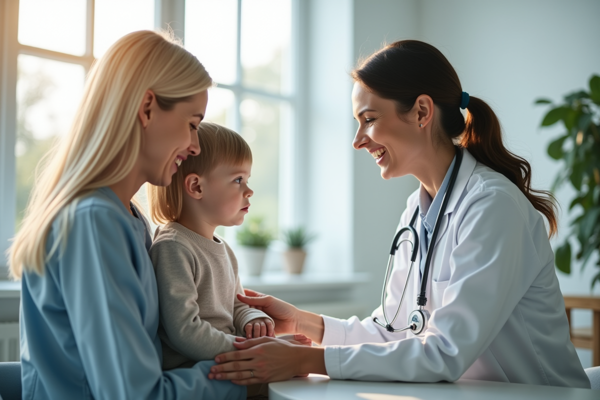 Pediatre examinant un jeune enfant avec sa mère dans un cabinet lumineux