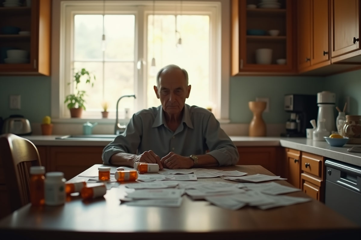 Personne âgée seule à la table de cuisine avec médicaments et factures