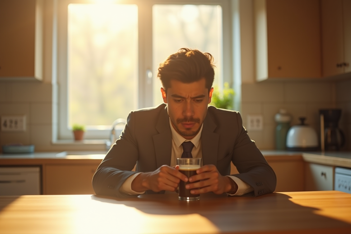 Personne seule au matin dans la cuisine avec café et nervosité