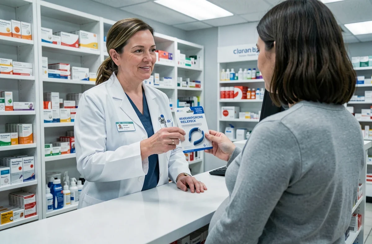 Pharmacienne conseillant une femme enceinte sur un bonnet anti-migraine en pharmacie